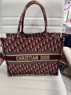 Dior Burgundy and Beige Canvas Tote with CHRISTIAN DIOR Logo